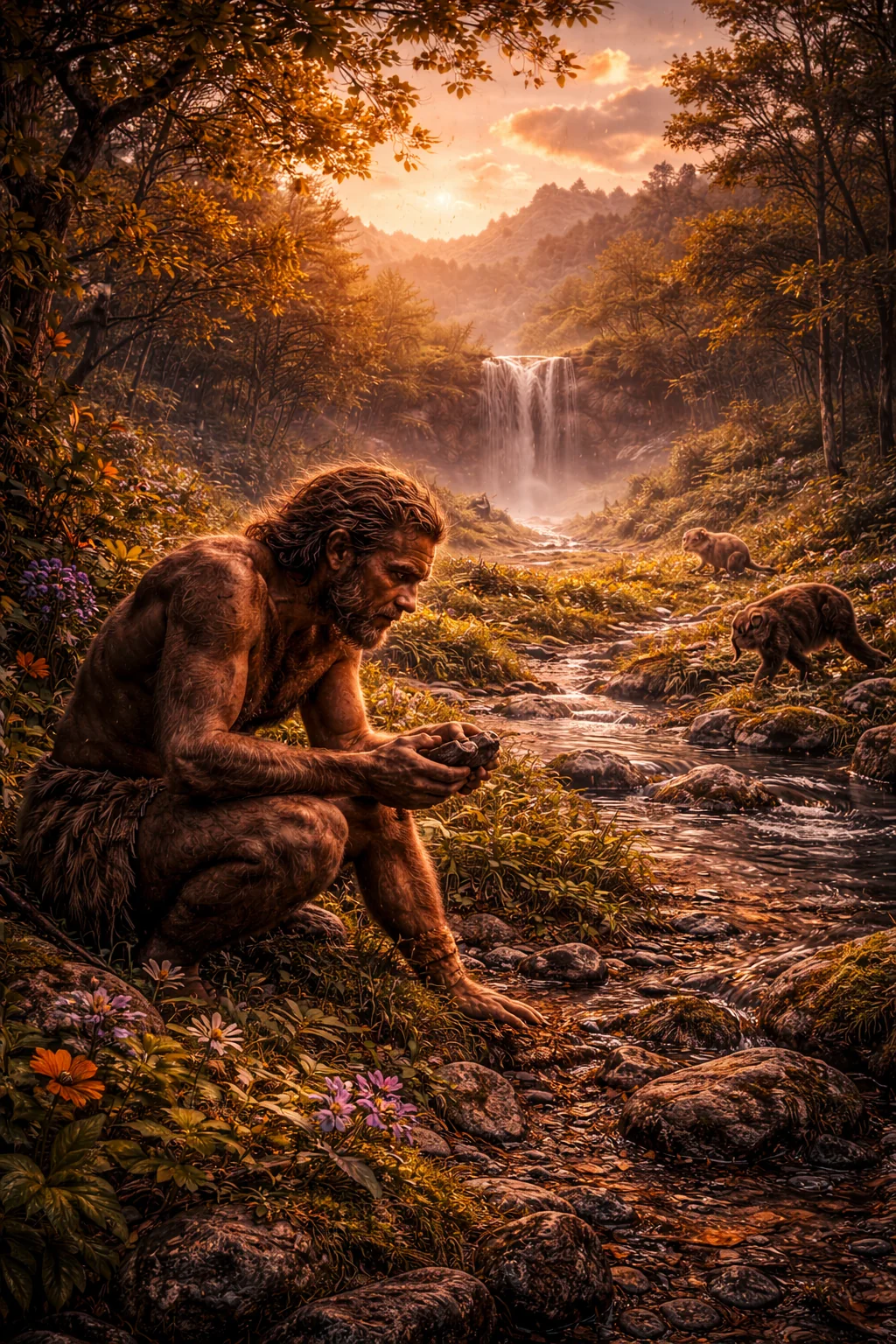 Early human by a stream