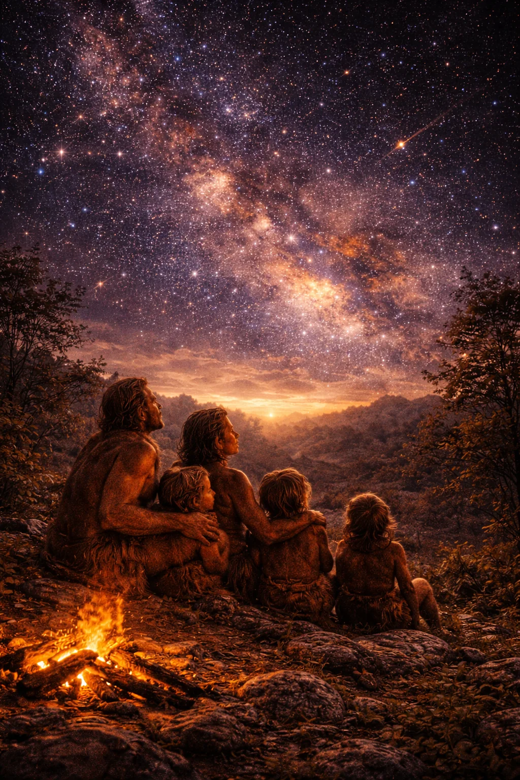 Family around a fire under the stars
