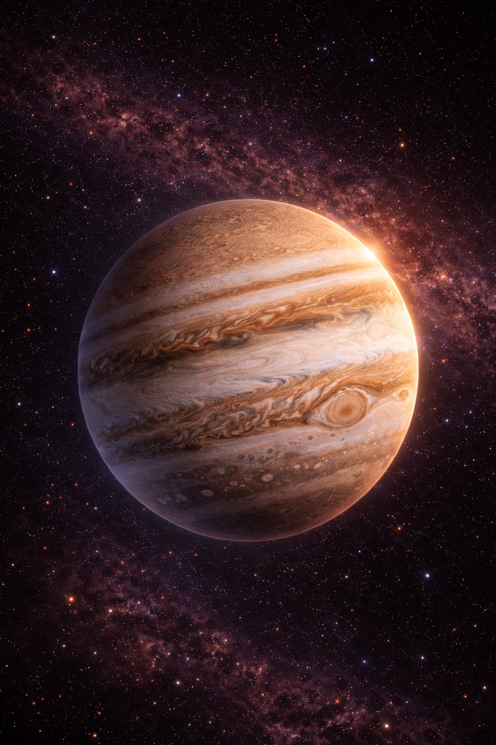 A striped gas giant with broad cloud bands.