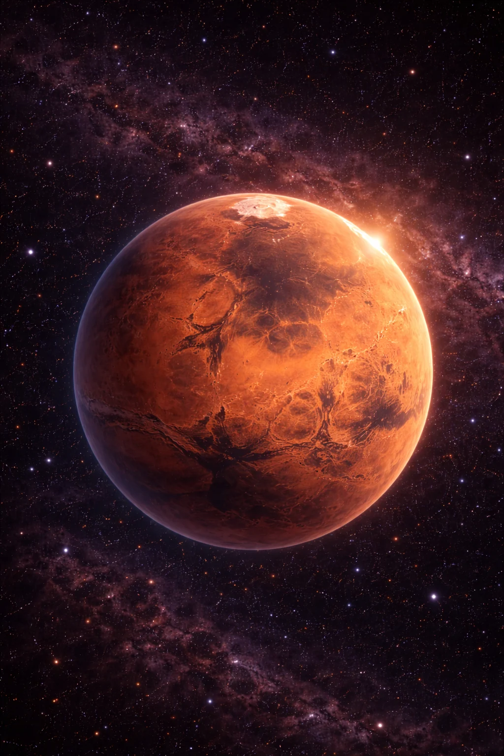 A reddish planet with dusty surface colours.