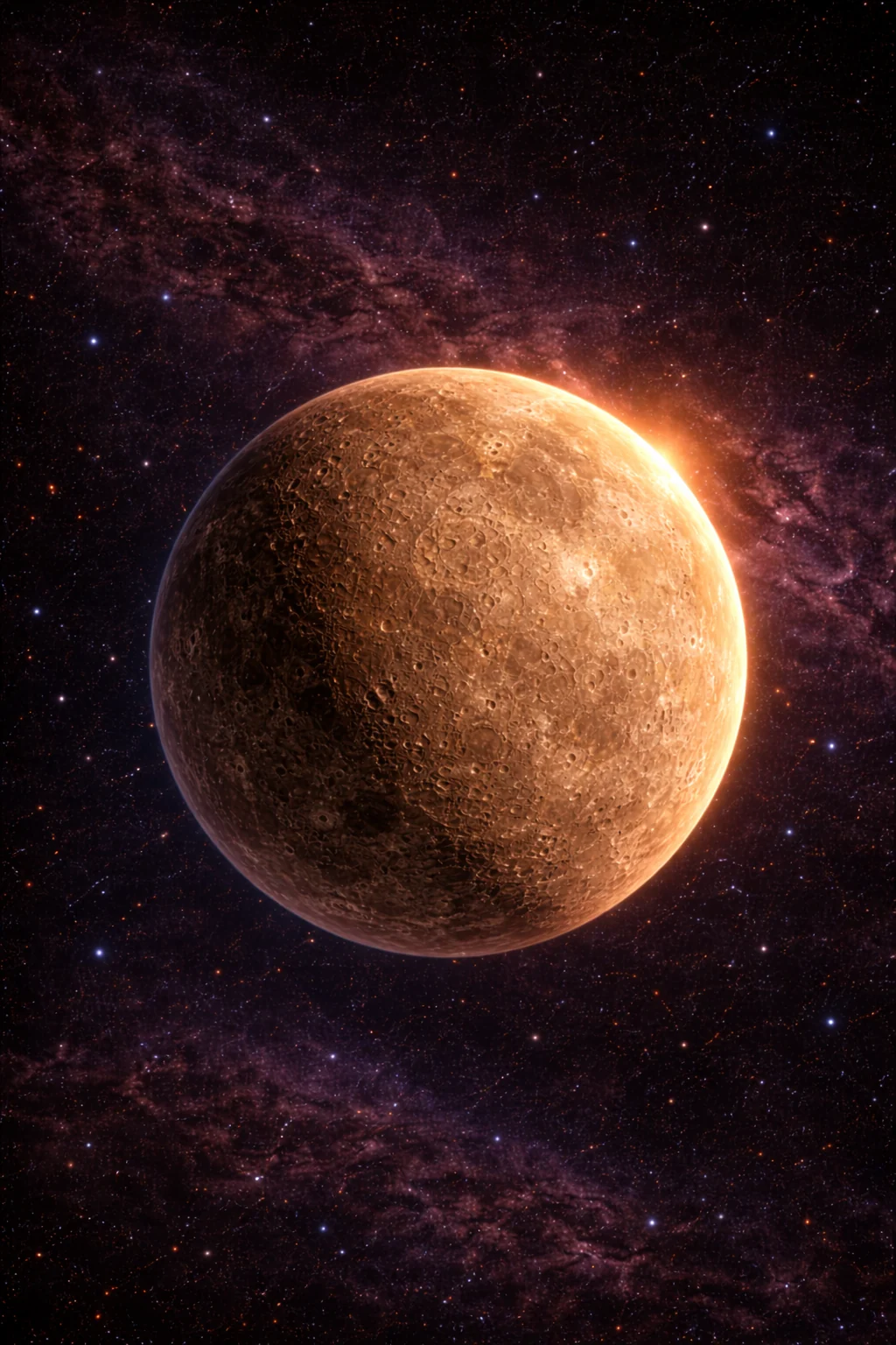 A warm brown planet with a cratered surface.