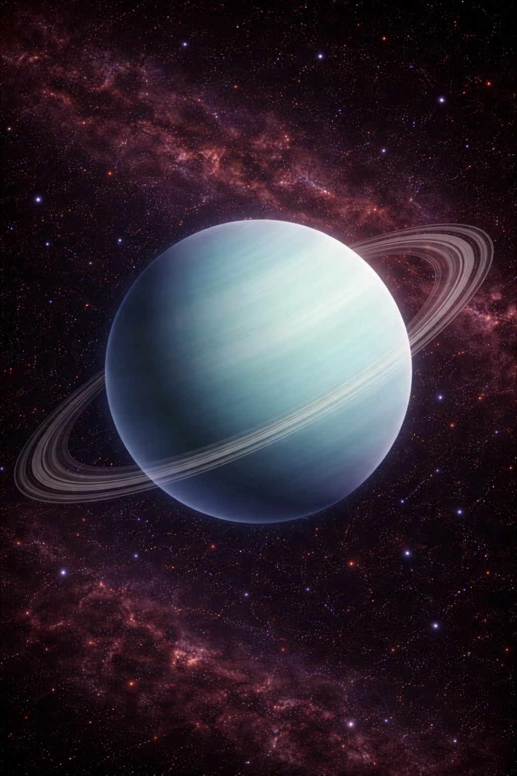 A pale blue planet with a soft ring.