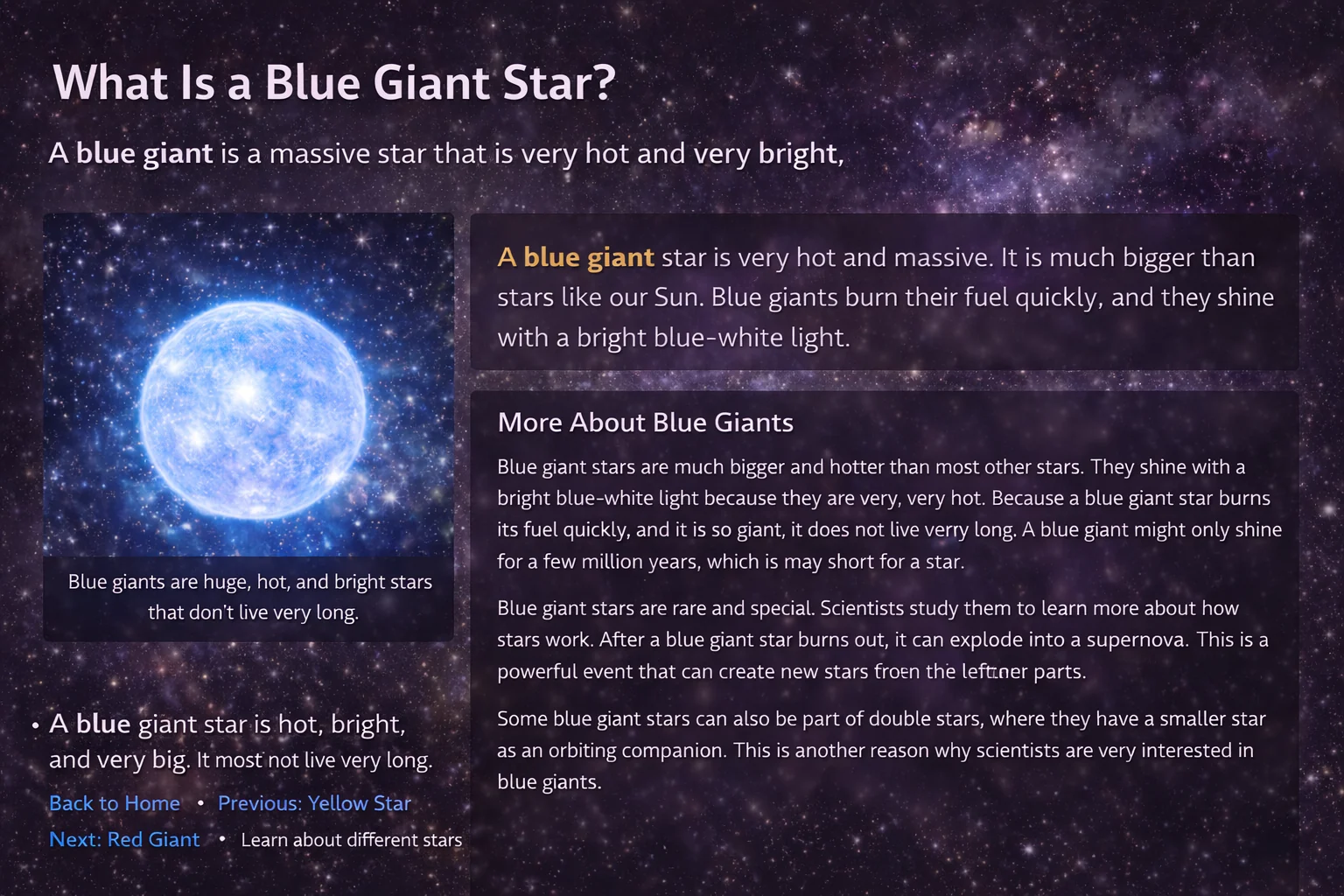 An information poster about a bright blue giant star.