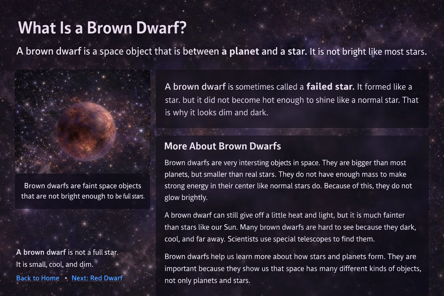 An information poster about a brown dwarf star-like object.